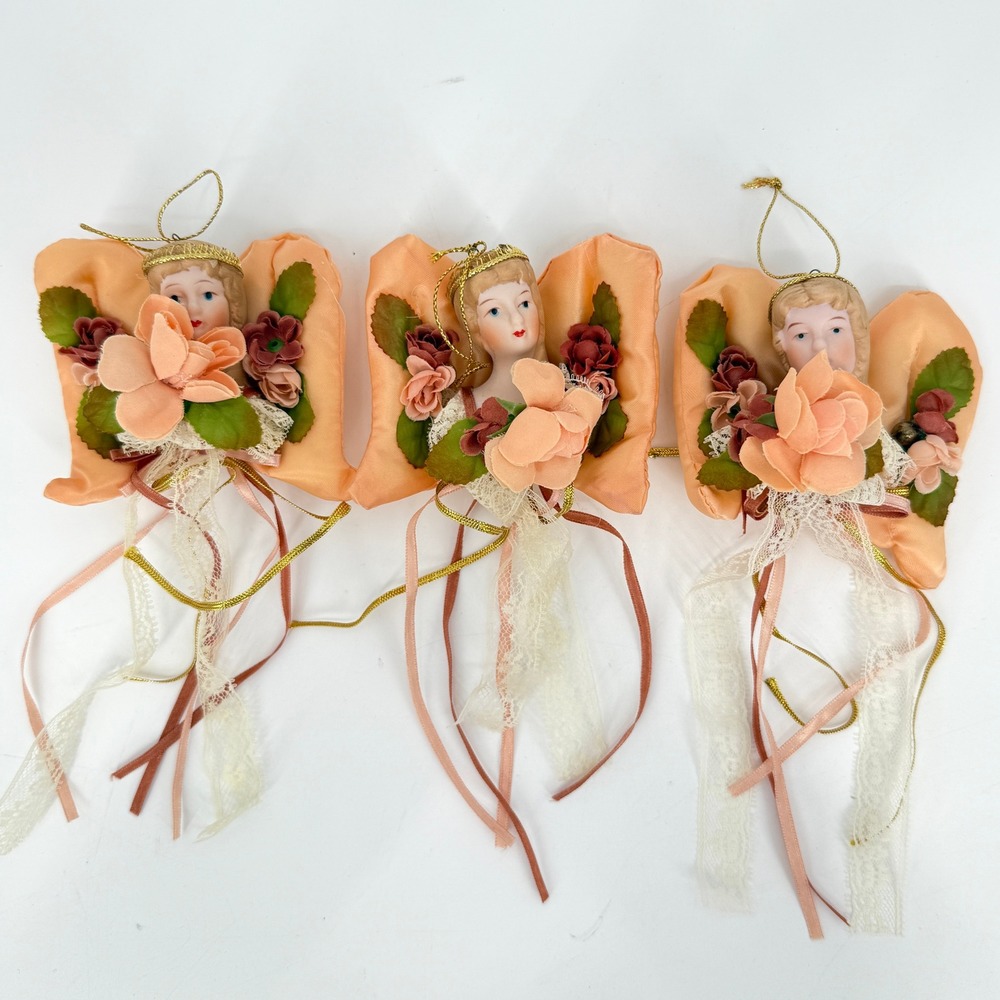 Lot 3 Vintage Christmas Peach Ladies Porcelain‎ Heads Ornaments with Tassels